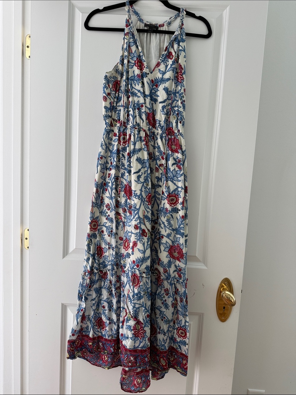 J. Crew Cream Maxi Dress with Blue and Red Floral Trim